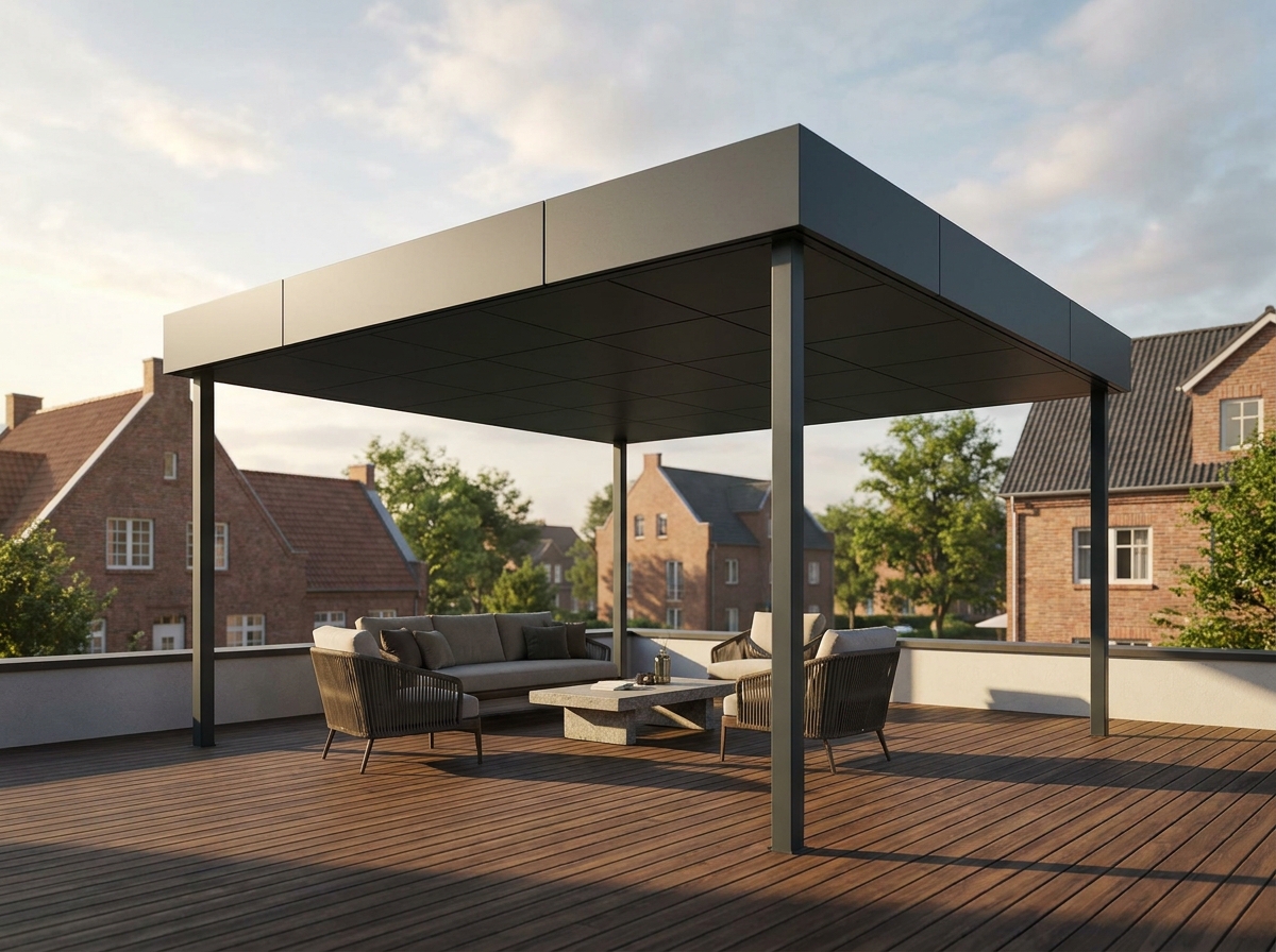 Moderne Terrassenüberdachung in Anthrazit über einer Lounge bei Abendlicht